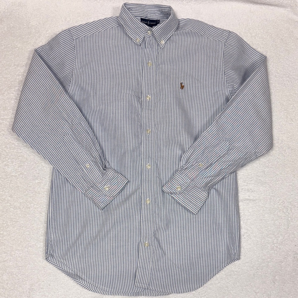 Ralph Lauren Blue White Striped  oxford long sleeve button down Shirt boys 14